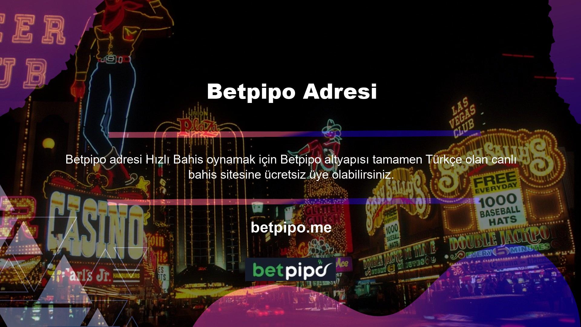 Betpipo faaliyet göstermekte olup, canlı bahis ve casino oyunlarını uluslararası bir platformda üç farklı dil seçeneği ile sunmaktadır